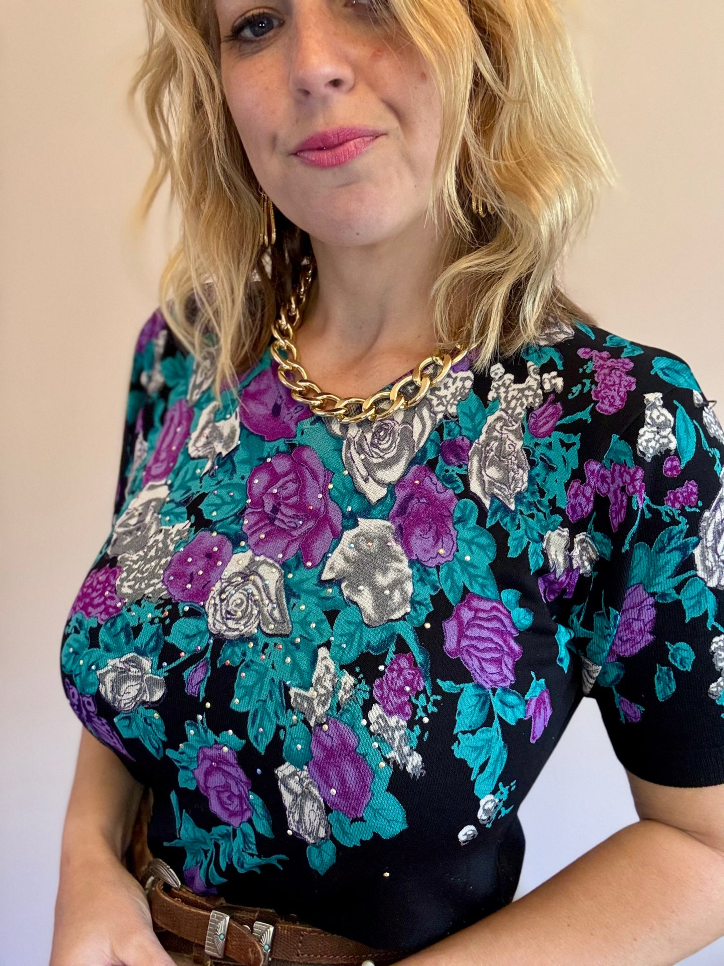 Vintage floral spray fine knit top