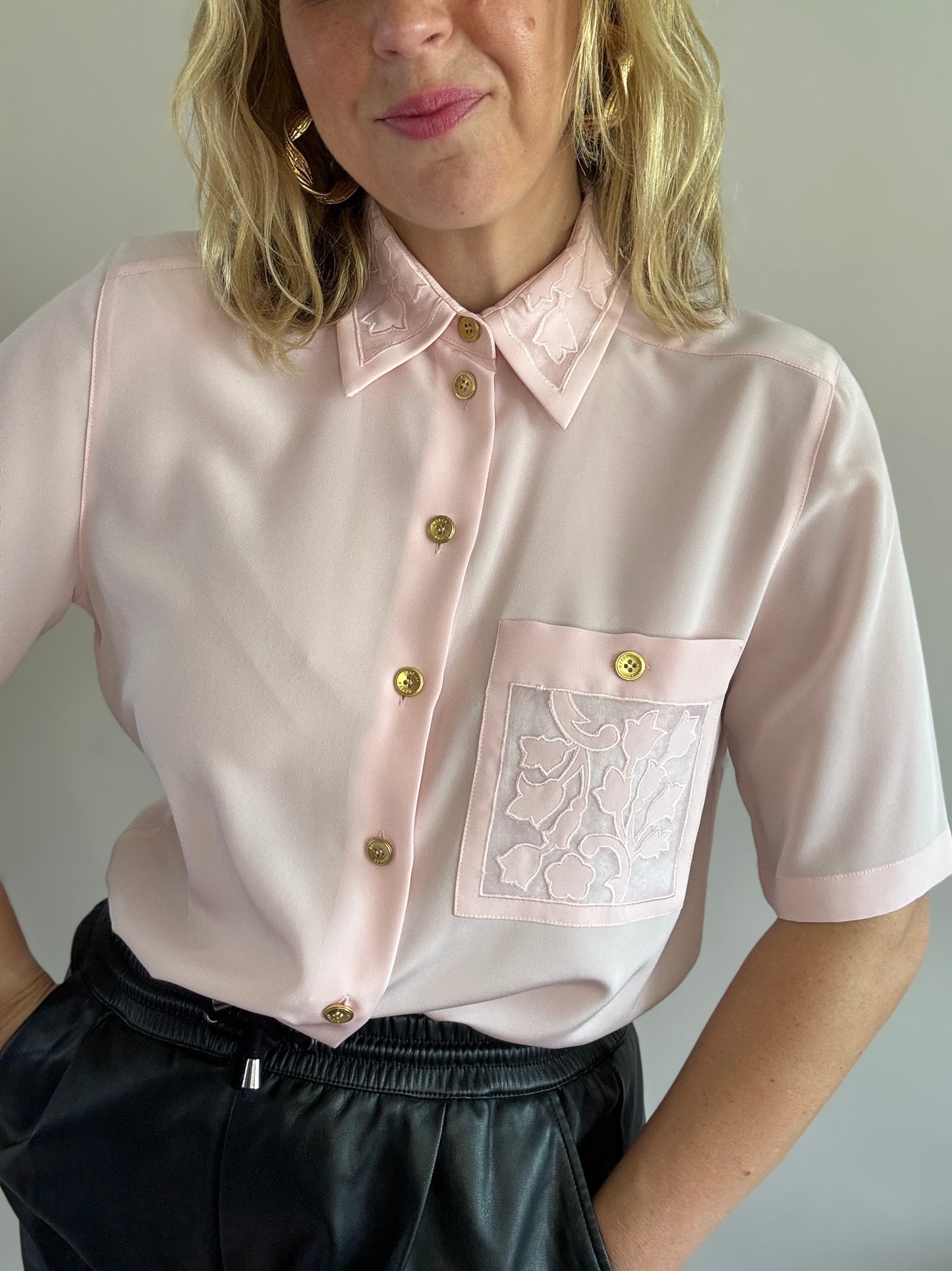 Vintage pastel pink blouse with gold buttons