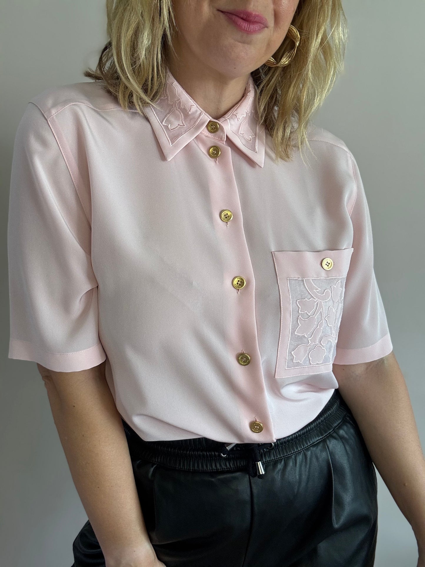Vintage pastel pink blouse with gold buttons
