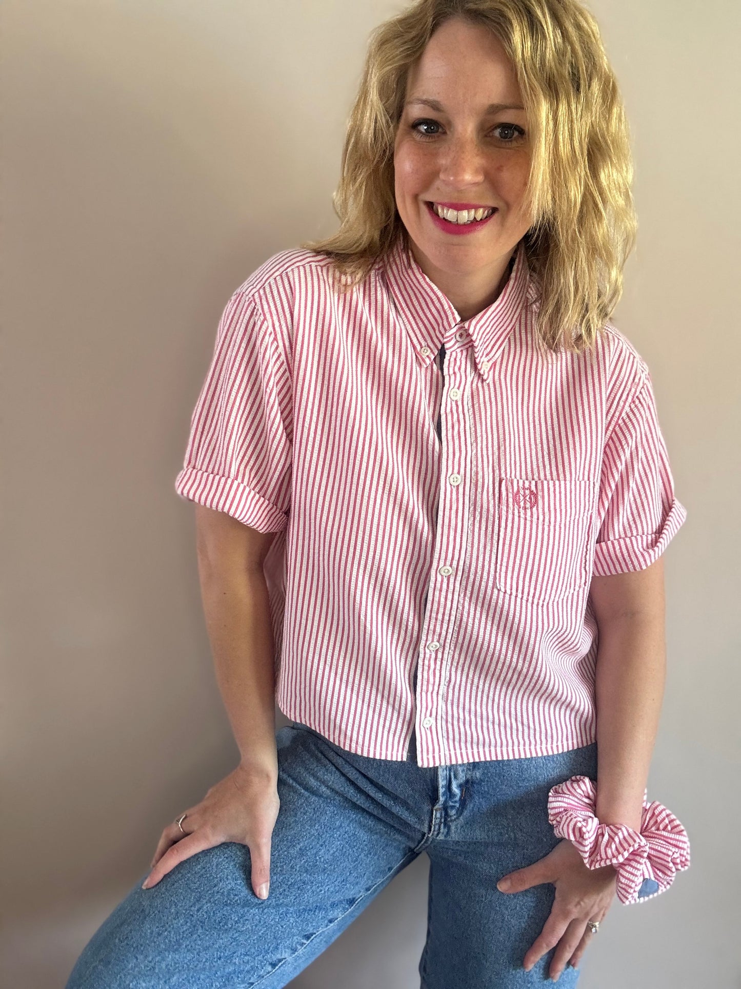 Reworked cotton seersucker shirt with matching scrunchie
