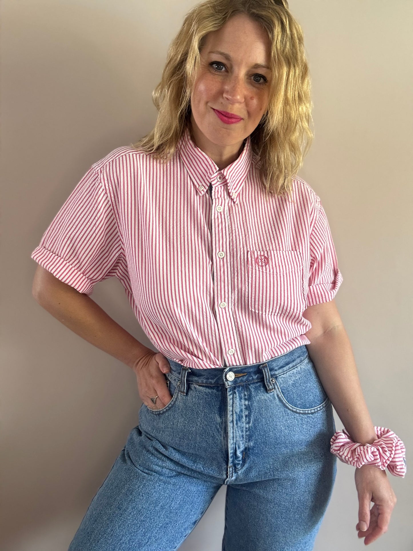 Reworked cotton seersucker shirt with matching scrunchie