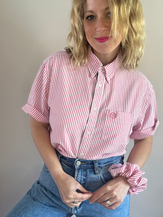 Reworked cotton seersucker shirt with matching scrunchie