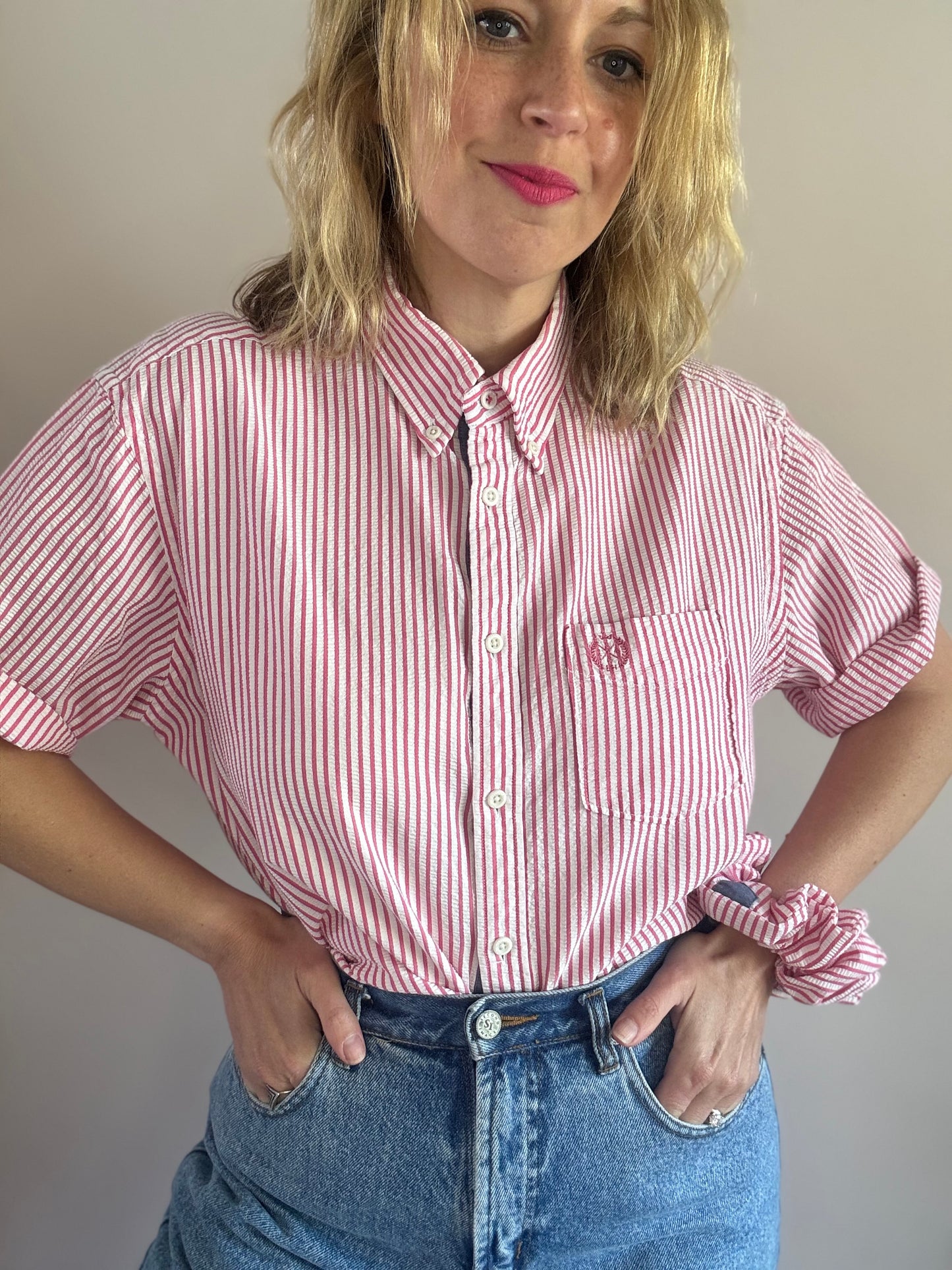 Reworked cotton seersucker shirt with matching scrunchie