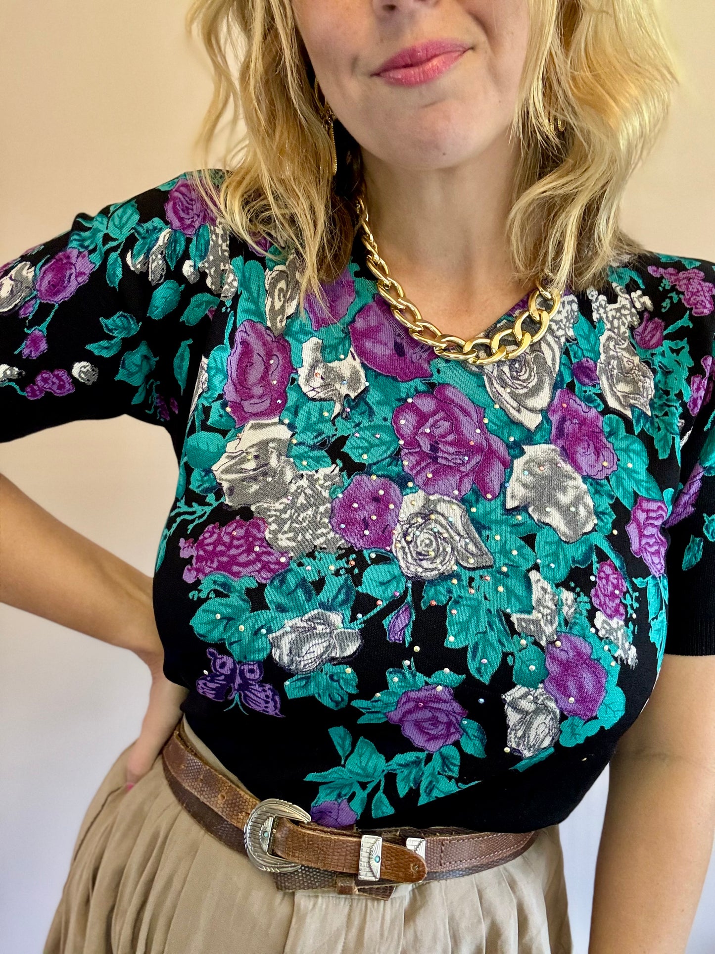 Vintage floral spray fine knit top