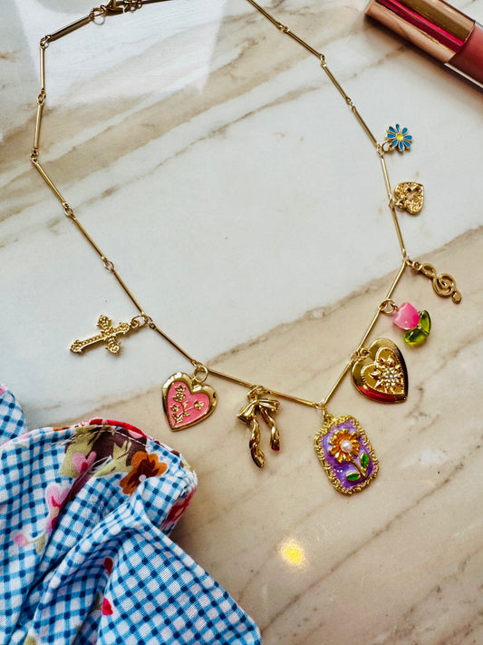 ‘Flowers & ribbons’ charm necklace