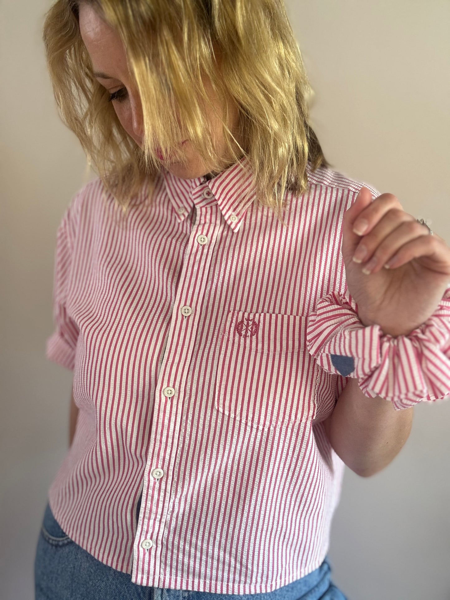 Reworked cotton seersucker shirt with matching scrunchie