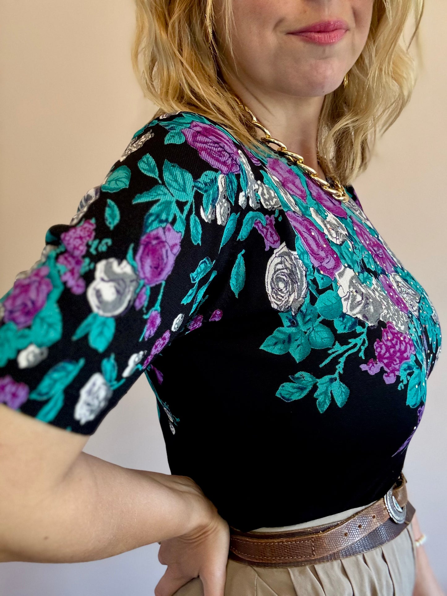 Vintage floral spray fine knit top