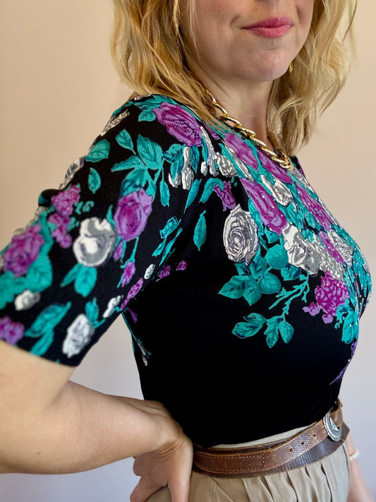 Vintage floral spray fine knit top