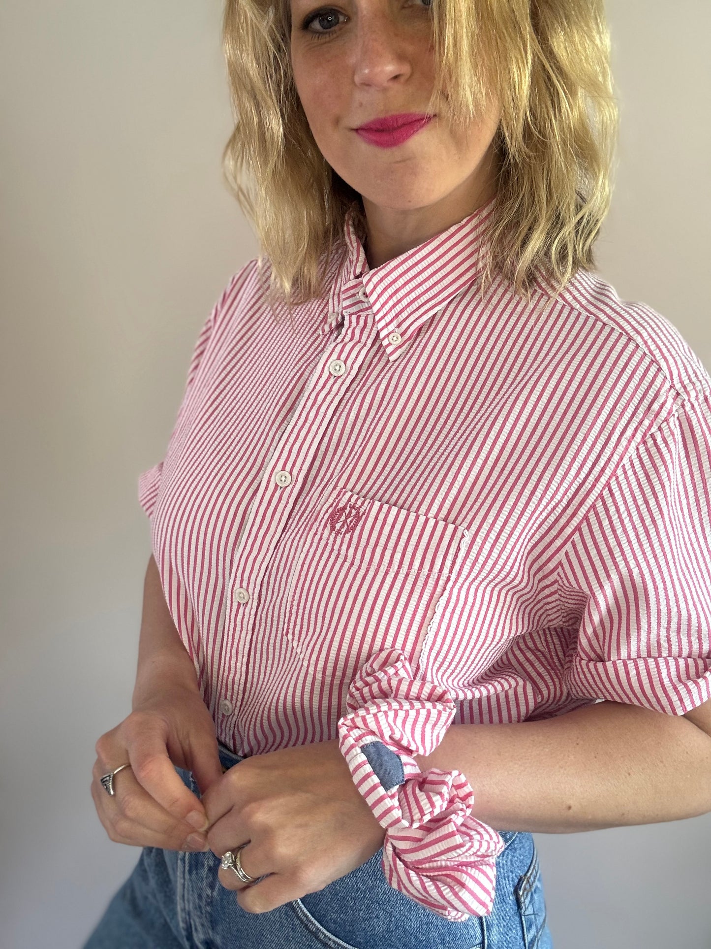 Reworked cotton seersucker shirt with matching scrunchie