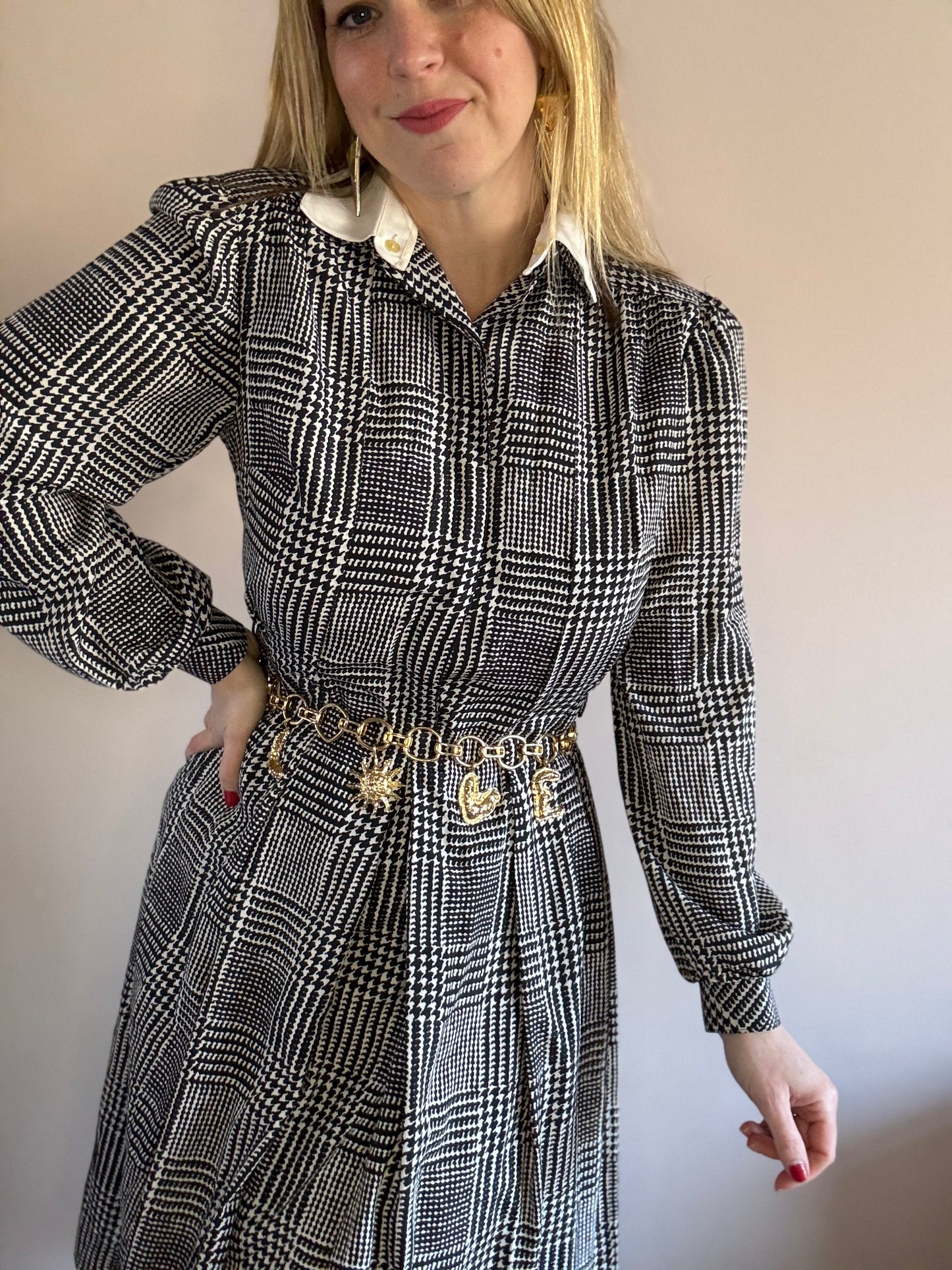 Vintage 1980s viscose houndstooth dress with detachable collar